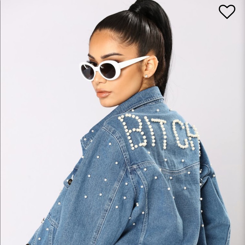 “Bitch” pearl denim jacket.